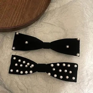 French Vintage Black Velvet Bow Hair Clip With Elegant Faux Artificial Pearls Hepburn Style Spring Clip For Women Hair Accessories