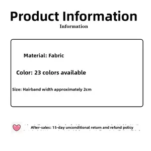 Detailed fabric headband specifications showing 2cm width and 23 available color options
