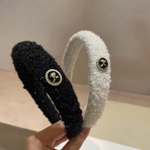 Vintage tweed headband set with pearl rose buckle in black and white styles