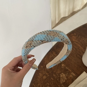 French style blue plaid padded sponge headband with woven texture for women's hair accessories
