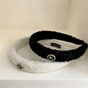 Vintage French Tweed Camellia Headband High Top Crown For Women Elegant Artificial Pearl Rose Button Autumn Winter Hair Accessories