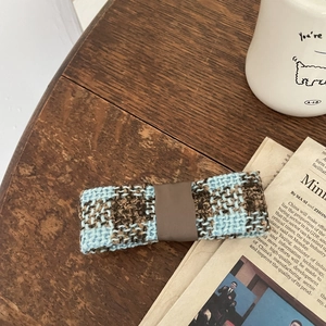 French blue plaid tweed headband with sponge padding on a rustic wooden table background