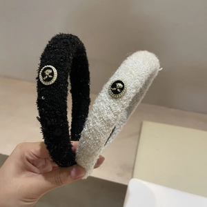 French vintage tweed headband with camellia pearl button in black and ivory white