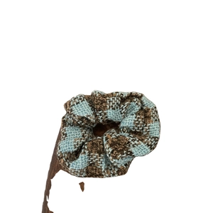 French style blue and brown plaid woven scrunchie with vintage textured cotton fabric