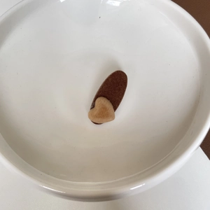 Detailed view of milk tea brown heart-shaped flocking hair clip in a white ceramic bowl