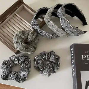 French Retro Tweed Knotted Headband For Women Wide Padded Plaid Hairband Simple Fashion Cloth Scrunchie Hair Accessories