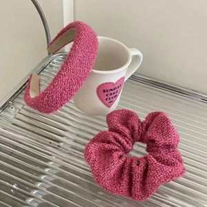 French style sparkling magenta headband and scrunchie set made of textured tweed fabric
