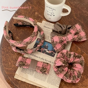 Retro Pink Brown Plaid Hair Accessories Tweed Braided Headband Bow Scrunchie Hair Clip For Women Sweet Fashion Hair Ornament