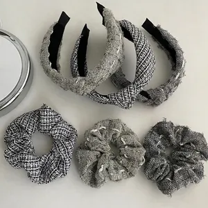 French vintage tweed wide knotted headband and scrunchie set in black and white