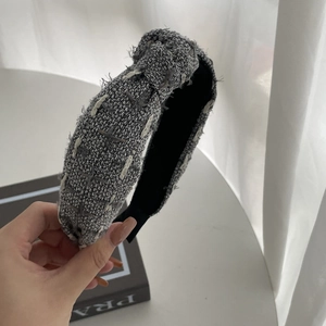 French vintage wide-brimmed headband in black and white tweed with elegant knotted design