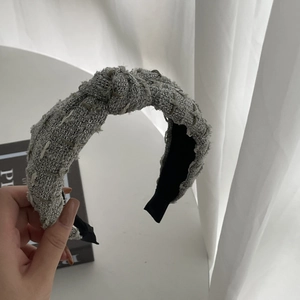 French vintage thick knotted headband in grey and white tweed fabric for women
