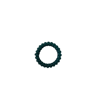 Deep green jelly spiral telephone wire hair tie for ponytail styling on white background
