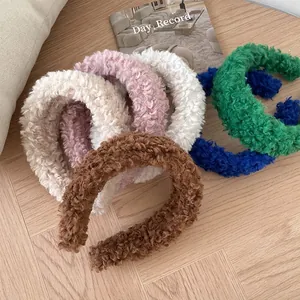 Women's Fuzzy Lambswool Headband Thick Wide Side Plush Hair Hoop For Autumn Winter Solid Color Hairband Wash Face Accessory