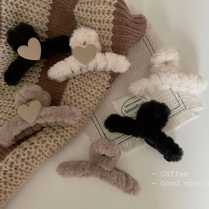 Plush heart-shaped hair claw clips set in cozy autumn coffee and cream tones