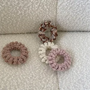 Set of 4 plush telephone wire hair rings in pink, beige, and brown soft chenille material
