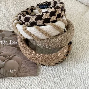 Brown tweed padded headband set with chic herringbone and houndstooth texture