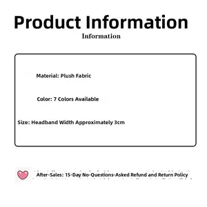 Specifications of plush fabric headband showing 3cm width and seven available color options