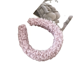 Pink plush faux lamb wool headband with a wide-brim design for autumn and winter