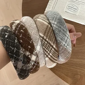 Vintage Wool Tweed Plaid Padded Headband For Women Wide Thickened Handmade Autumn Winter Hair Hoop Accessories