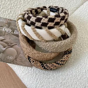 Handmade Coffee Brown Houndstooth Padded Hairband For Women Trendy Wide Headband Elegant Retro Fabric Hair Styling Accessory