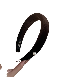 Handmade brown padded satin headband with elegant white pearl detail and silk finish