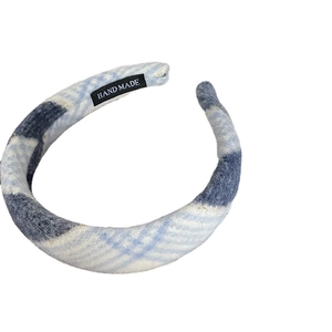 Vintage blue and white plaid padded sponge headband with handmade texture and thick fabric