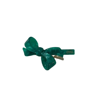 French emerald green acetate bow hair clip with marble texture and handmade engraving
