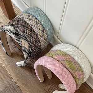 Vintage Tweed Plaid Padded Headband For Women Retro Elegant Woven Fabric High Top Hair Hoop Soft Woolen Scrunchies Headwear