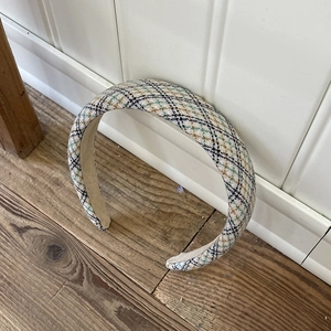 British style thick plaid tweed headband for women in retro navy and yellow pattern