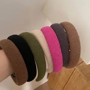 Puffy Ribbed Cotton Headband For Women Solid Color Striped Thick Sponge Hairband High Top Hair Hoop Daily Styling Accessory