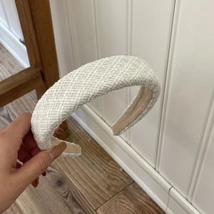 British style cream tweed plaid headband with thick textured fabric for elegant hair styling