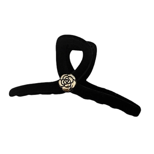 French vintage black velvet hair claw clip with golden rose decoration for women
