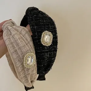 Vintage Tweed Rhinestone Headband For Women Elegant Wide Knotted Hair Band French Style Crystal Embellished Hair Hoop Accessory