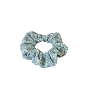British style light blue tweed scrunchie hair tie with elegant textured fabric pattern