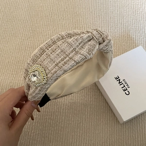 Elegant vintage tweed headband with large square crystal and gold knot design