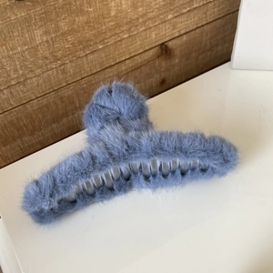 Oversized plush faux rabbit fur shark hair claw clip in foggy blue for women