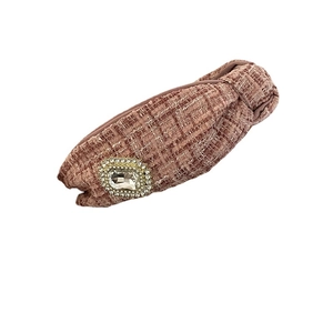 Vintage palace style pink tweed headband with large rectangle gemstone and rhinestone trim