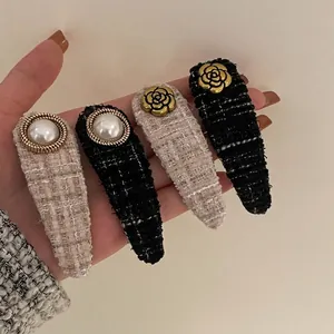 Vintage Tweed Camellia Artificial Pearl Hair Clip Elegant Heart Cloth BB Clip Hairpin For Women Daily Party Hair Accessory