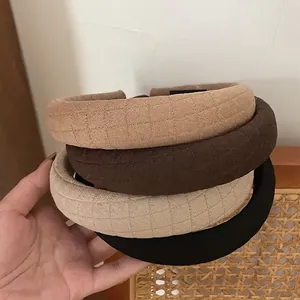 Vintage French Quilted Padded Headband For Women Wide Brim Fabric Lattice Sponge Hair Band Sweet Elegant Hair Accessories