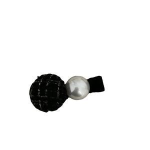 Elegant Korean style tweed hair clip with white faux pearl on minimalist black clip