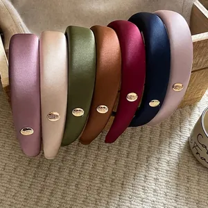 Women's Elegant Padded Satin Sponge Headband With Gold Label Smooth Satin Thick Hair Band Commuting Hair Accessories