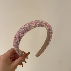 Pink and blue tweed woven thick headband with soft texture for women daily styling