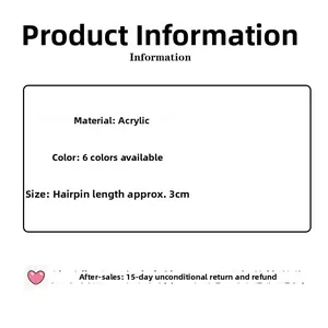 Detailed spec sheet showing 3cm acrylic hair clips available in six assorted colors