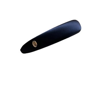 Glossy navy blue satin headband with oval gold metal emblem for women hair styling