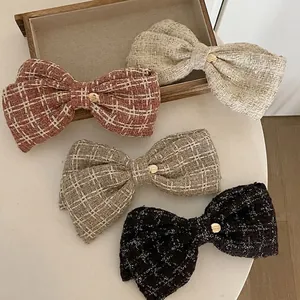 French Style Tweed Bow Hair Clip For Women Autumn Winter Elegant Fabric Spring Clip With Metal Button Fashion Hair Decor