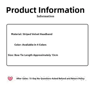 Specifications for striped velvet bow hair clip showing size details and color options