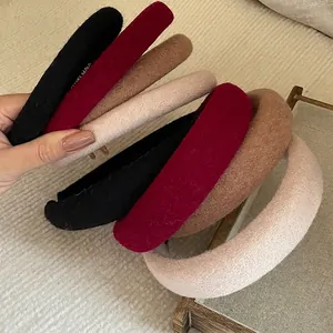 Set of 4 vintage thick sponge headbands in red, black, coffee and beige wool fabric