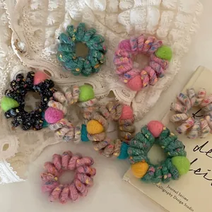 Elastico per Capelli con Palline di Feltro di Lana in Stile Francese Corda per Capelli Elastica a Spirale in Maglia a Cavo Telefonico Natale con Punti Colorati Accessorio Moda Donna