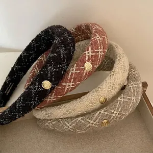 French Vintage Tweed Wide Hairband For Women High Top Padded Woolen Striped Headband With Metal Buckle Elegant Hair Accessories