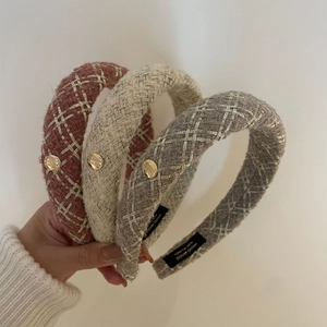 Chic tweed wide headbands in neutral tones with gold buttons and woven metallic threads